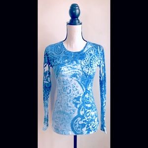 Blue & White Long Sleeve Athletic Top: Decorative Design, Lightweight, Sz. S